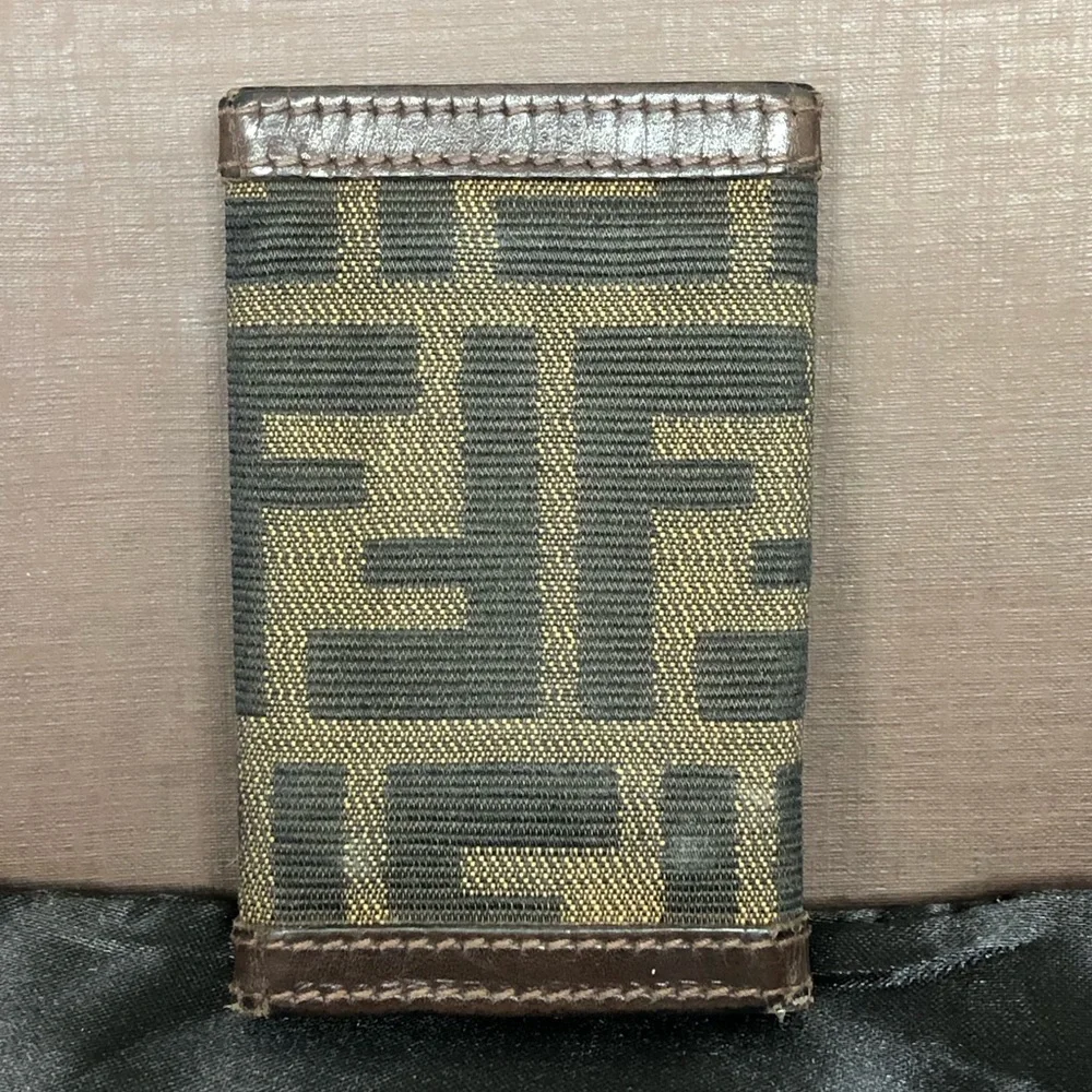 FENDI Zucca Navy Canvas Brown Leather Trim Snap Trifold Keycase